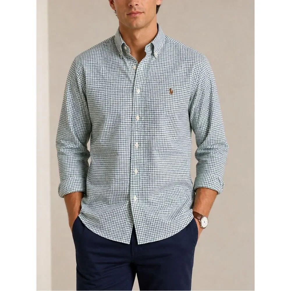 Ralph Lauren Classic Fit Green Navy Check Cotton Button Shirt L
